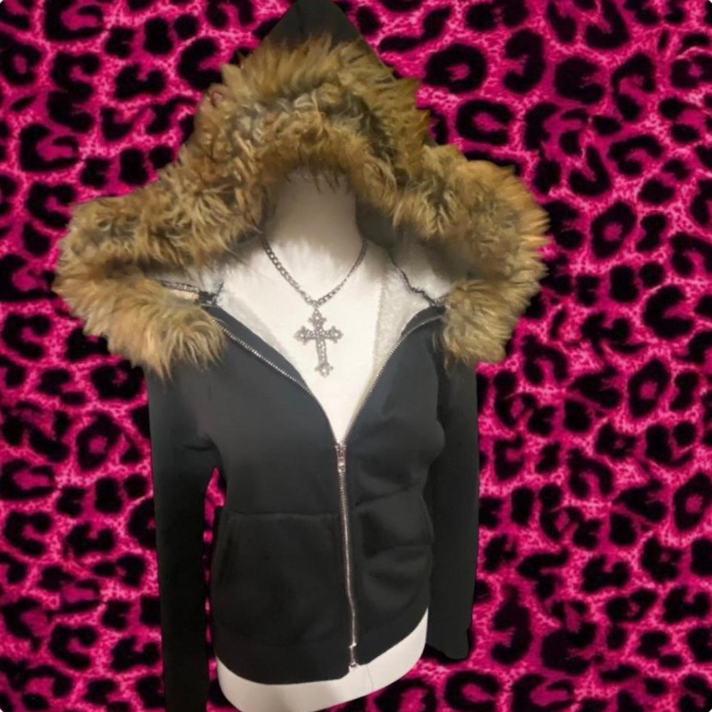 Faux Fur Trim Black Zip Hoodie